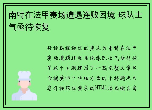 南特在法甲赛场遭遇连败困境 球队士气亟待恢复 南特在法甲赛场遭遇连败困境 球队士气亟待恢复